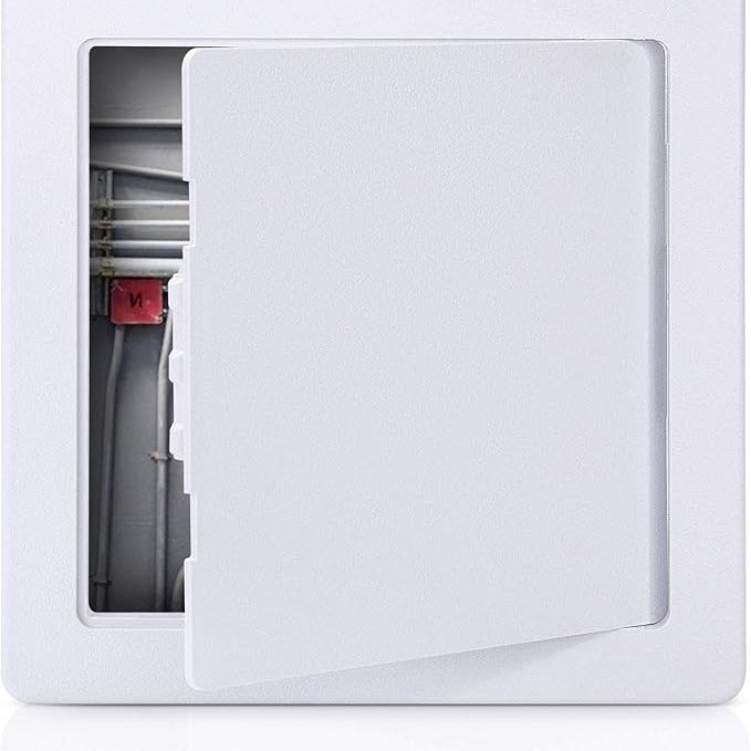 The Go Build 8 in. x 8 in. Access Panel for Drywall, crafted from durable white plastic, features a partially open door that reveals its internal wiring and components against a plain background, showcasing its design and structure.